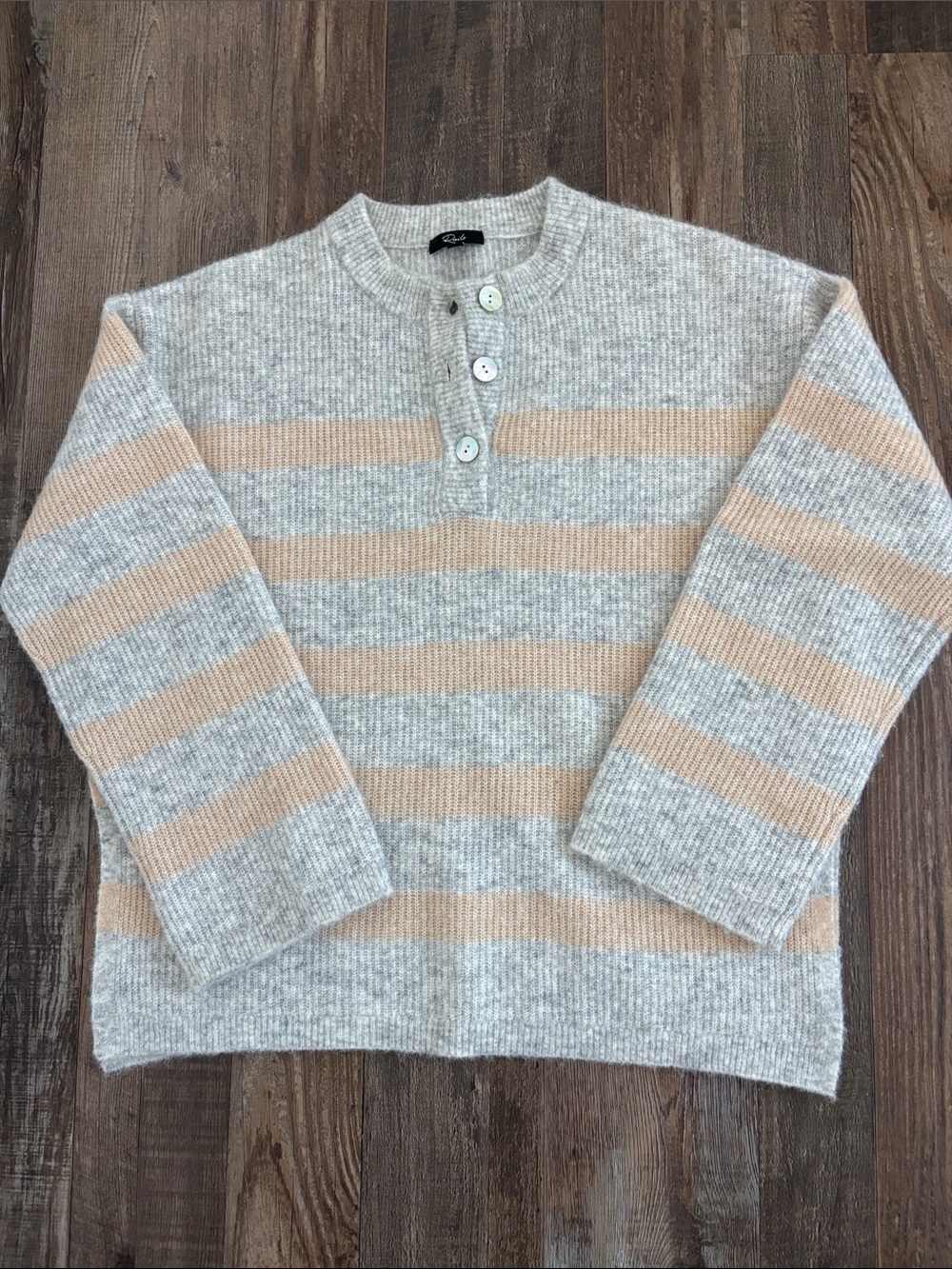 Rails Alicia Striped Henley Knit Sweater in Light Gray and Beige